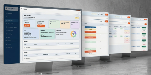 GarageTome screens showing company and workshop workflow